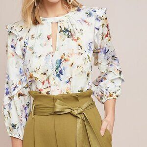 Anthropologie Dolan Araminta White Floral Ruffle Cottagecore Top Medium